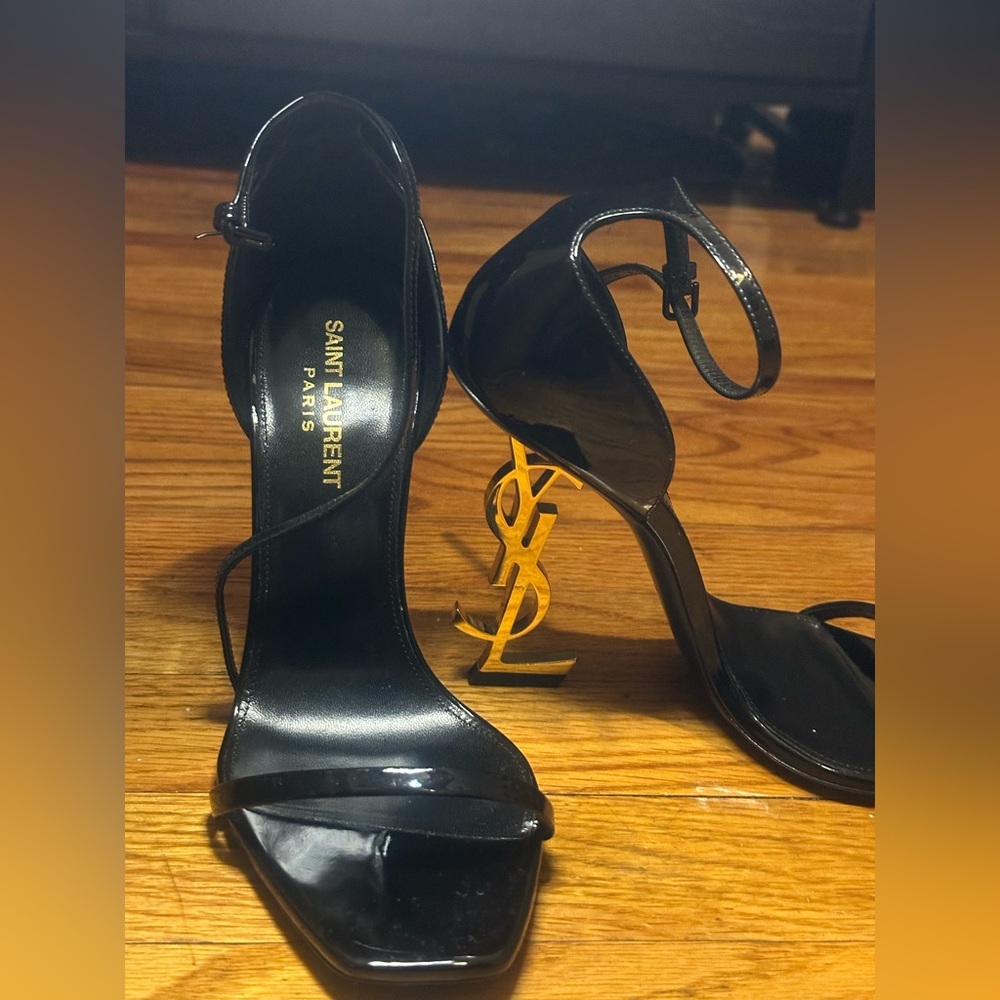 Saint Laurent Glossy Black Heels with Gold Logo